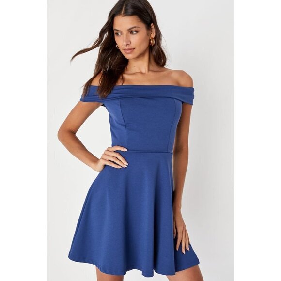 Lulus Women's Blue Off The Shoulder Skater Dress - Medium - Picture 1 of 16